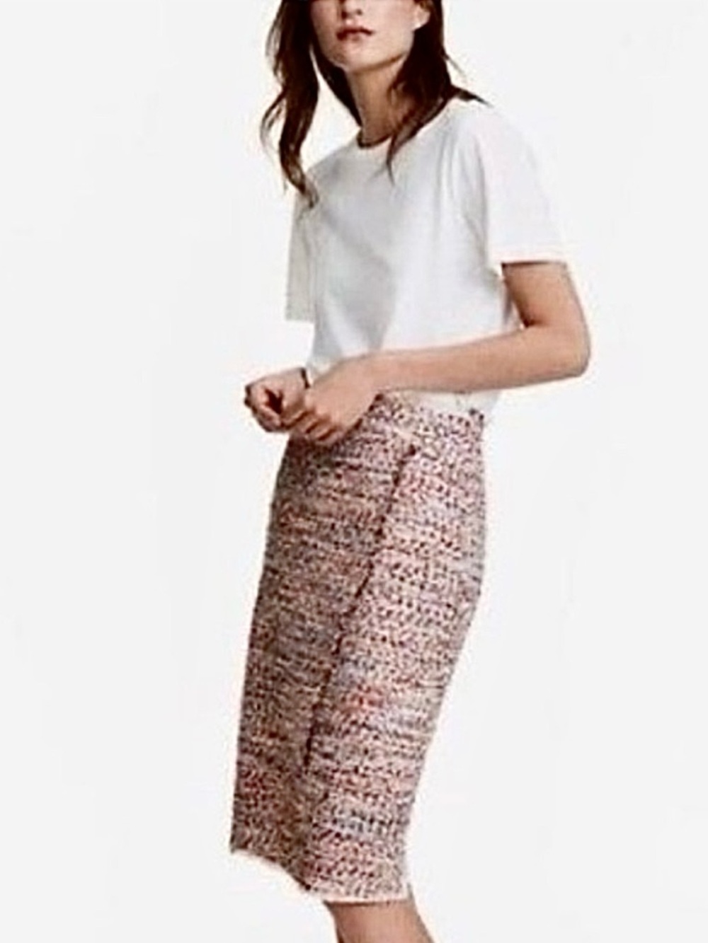 Brand New H&M Orange Blue White Multi Color Asymmetrical Tweed Midi Pencil Skirt